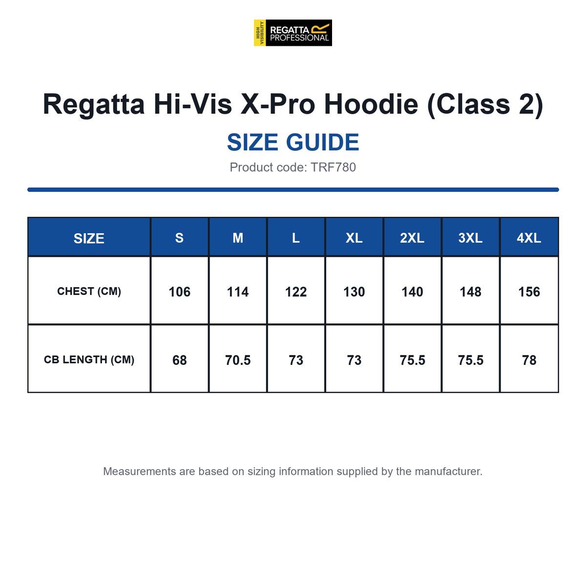 TRF780 Regatta Hi-Vis X-Pro Hoodie (Class 2) size guide (TRF780)