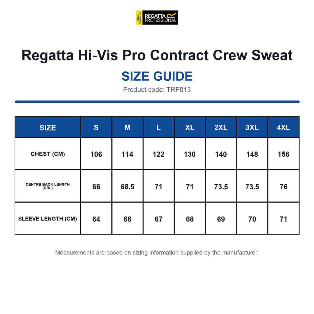 TRF813 Regatta Hi-Vis Pro Contract Crew Sweat size guide (TRF813)