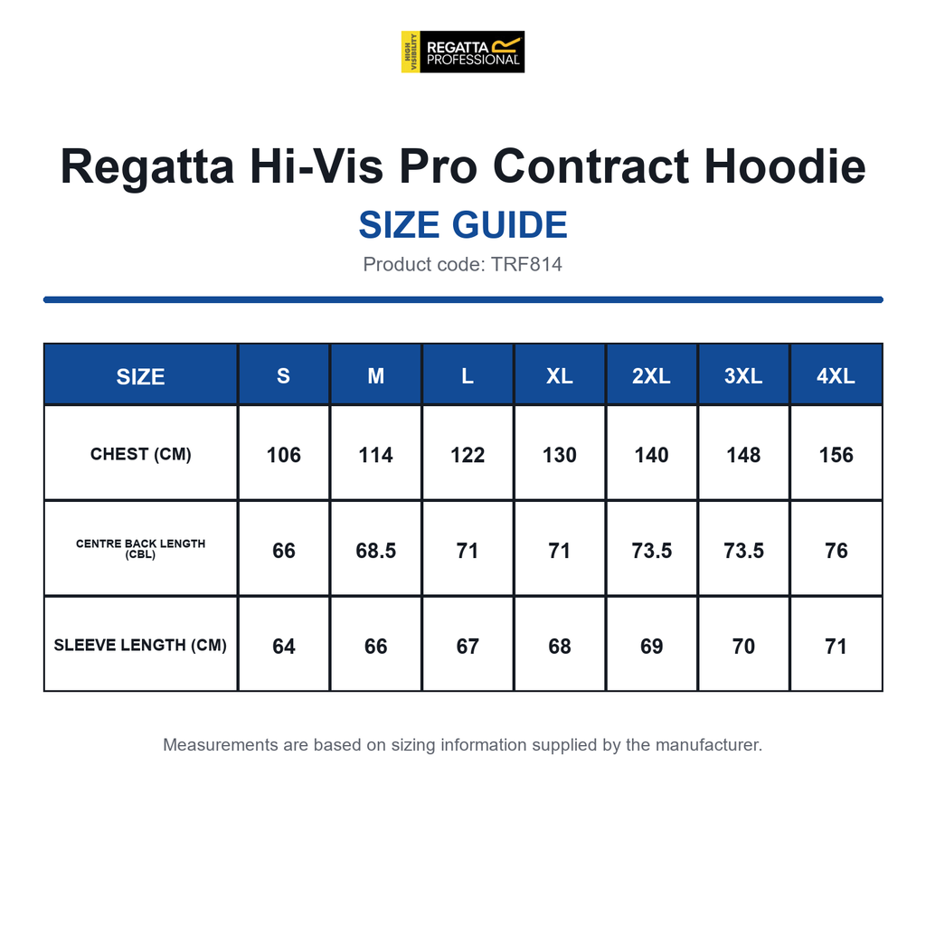 TRF814 Regatta Hi-Vis Pro Contract Hoodie size guide (TRF814)