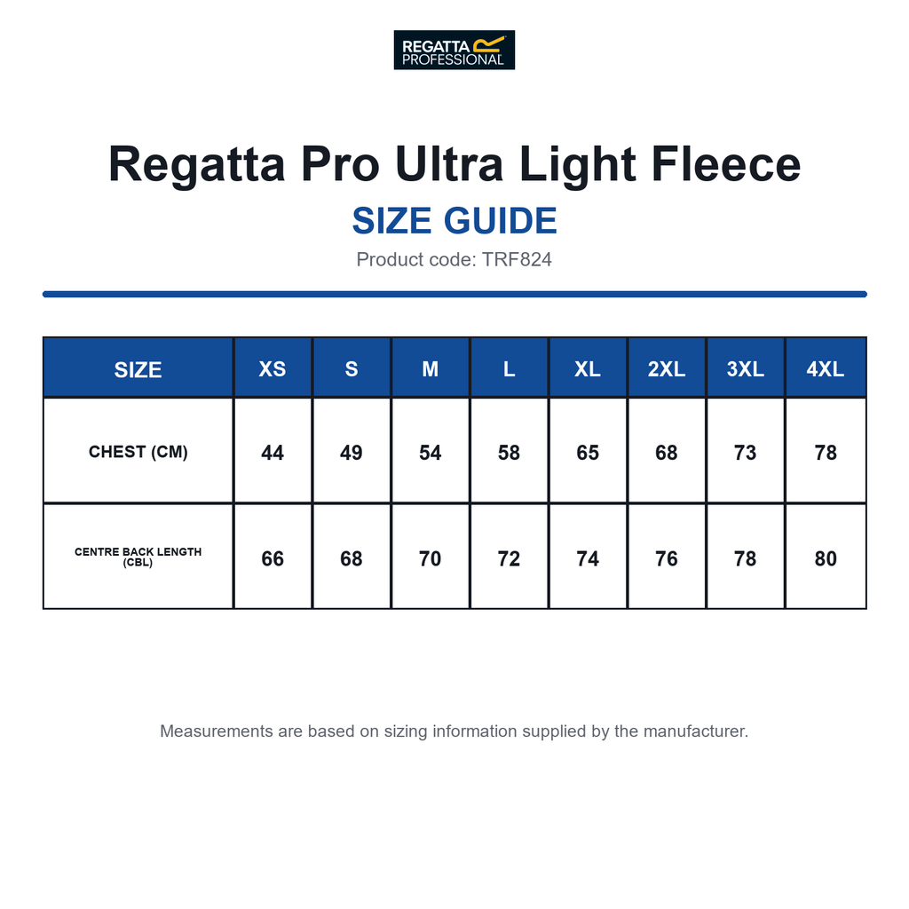 TRF824 Regatta Pro Ultra Light Fleece size guide (TRF824)