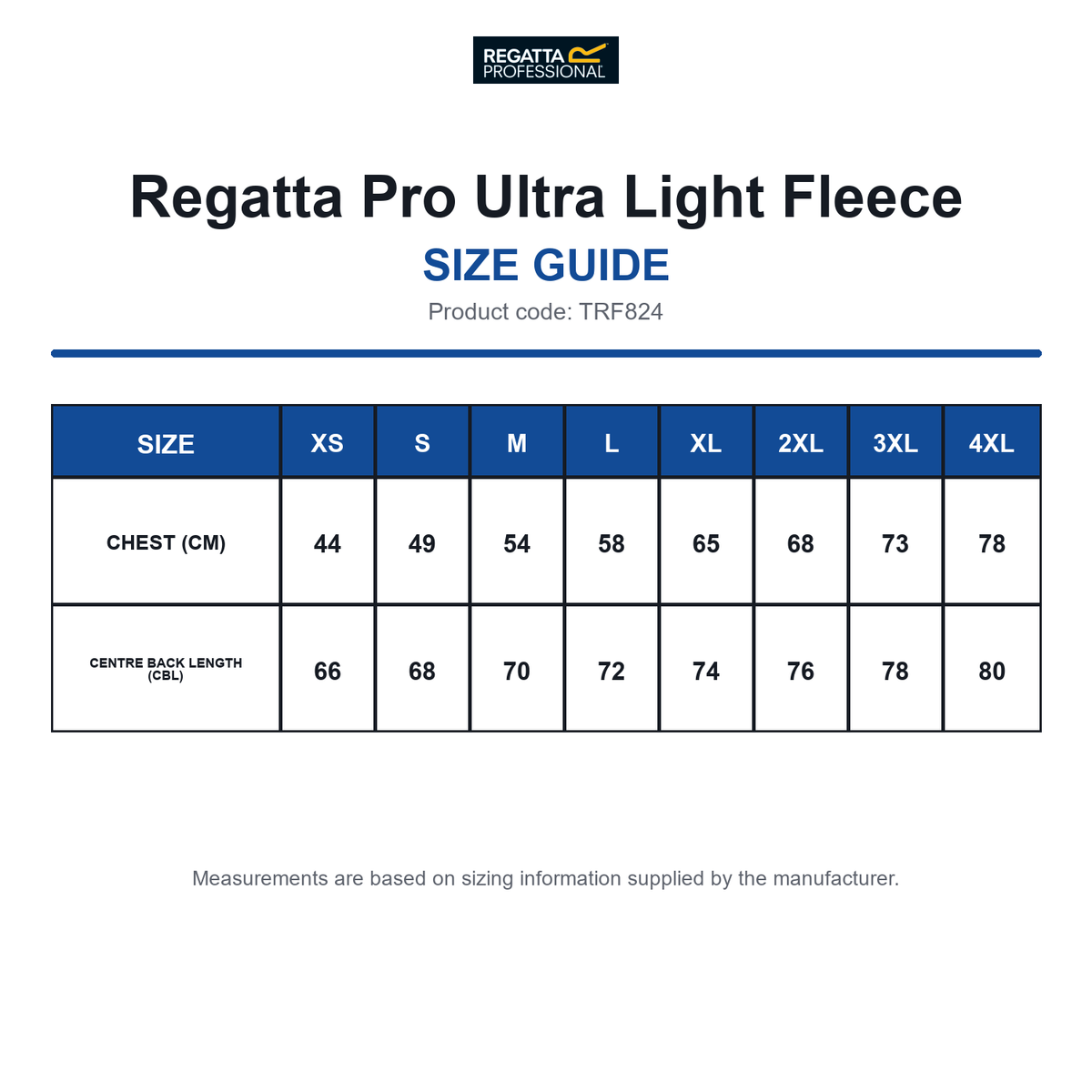 TRF824 Regatta Pro Ultra Light Fleece size guide (TRF824)