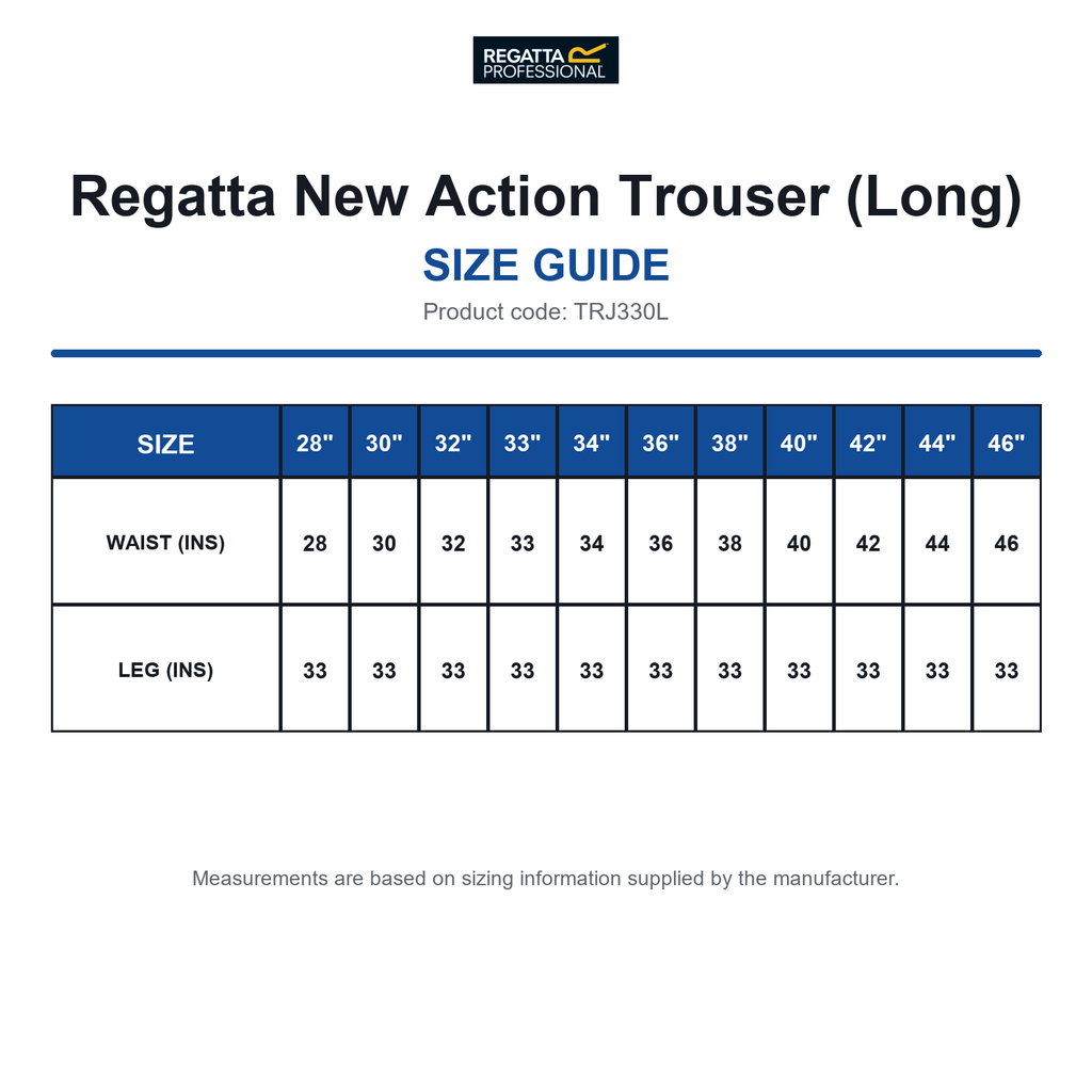 TRJ330L Regatta New Action Trouser (Long) size guide (TRJ330L)