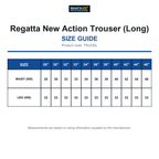 TRJ330L Regatta New Action Trouser (Long) size guide (TRJ330L)