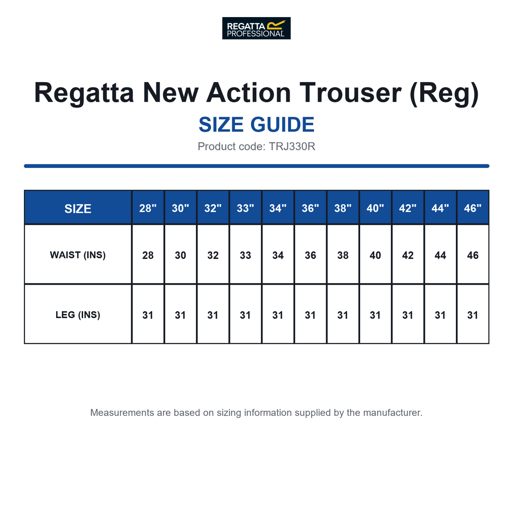 TRJ330R Regatta New Action Trouser (Reg) size guide (TRJ330R)