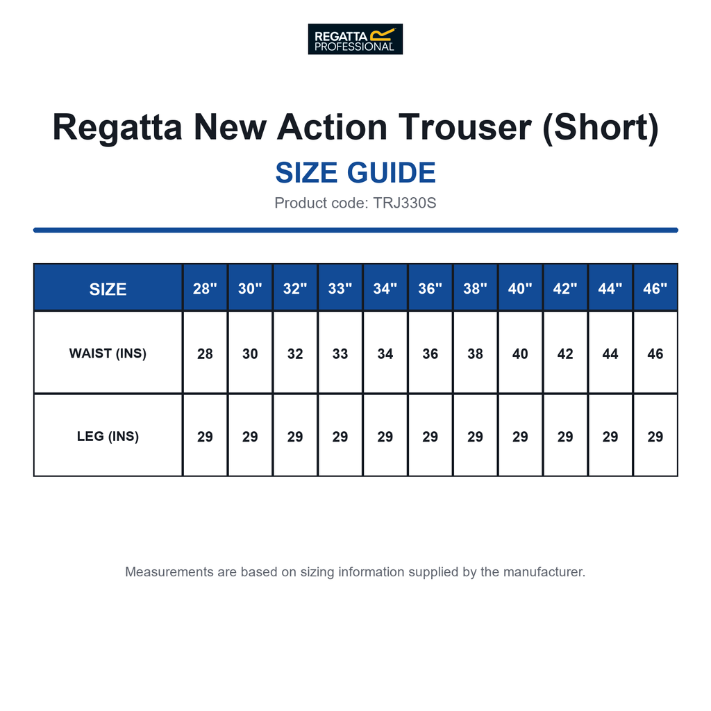 TRJ330S Regatta New Action Trouser (Short) size guide (TRJ330S)
