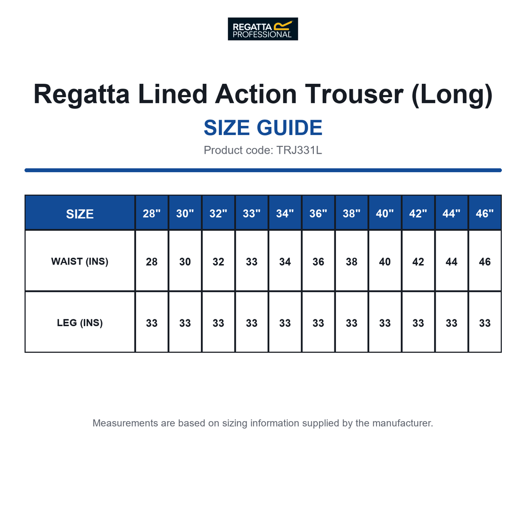 TRJ331L Regatta Lined Action Trouser (Long) size guide (TRJ331L)