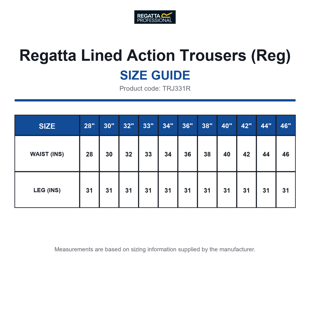 TRJ331R Regatta Lined Action Trousers (Reg) size guide (TRJ331R)