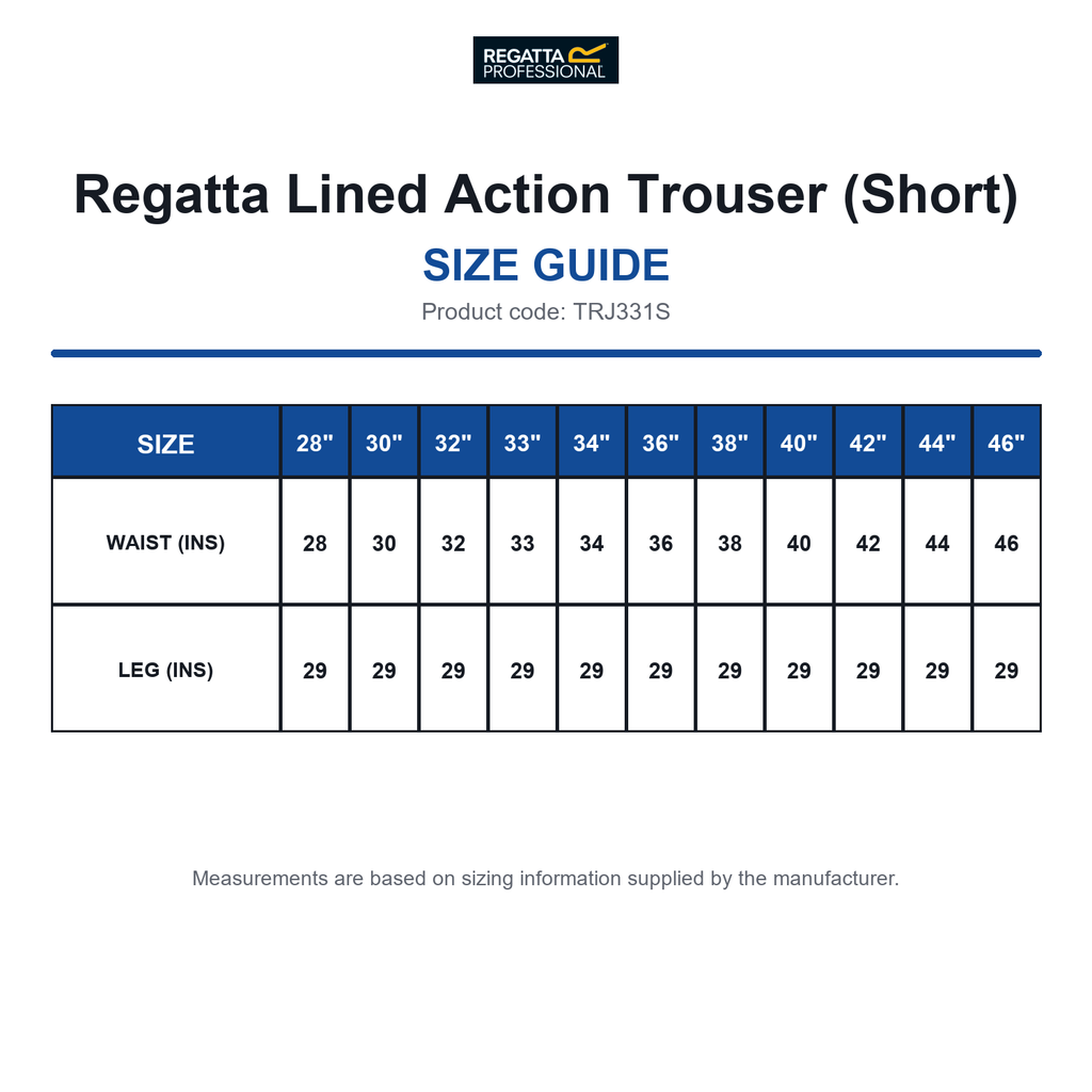 TRJ331S Regatta Lined Action Trouser (Short) size guide (TRJ331S)