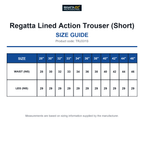 TRJ331S Regatta Lined Action Trouser (Short) size guide (TRJ331S)