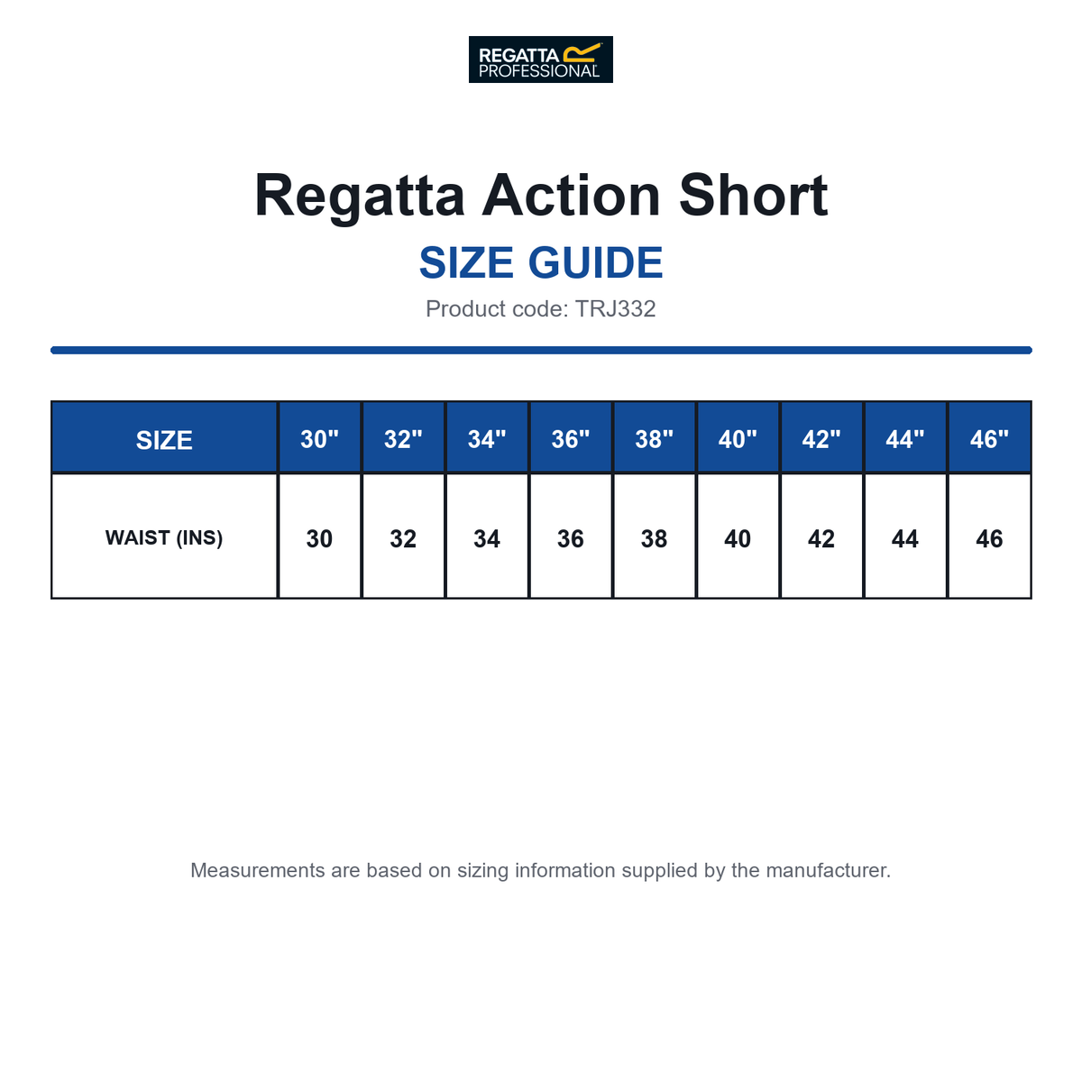 TRJ332 Regatta Action Short size guide (TRJ332)