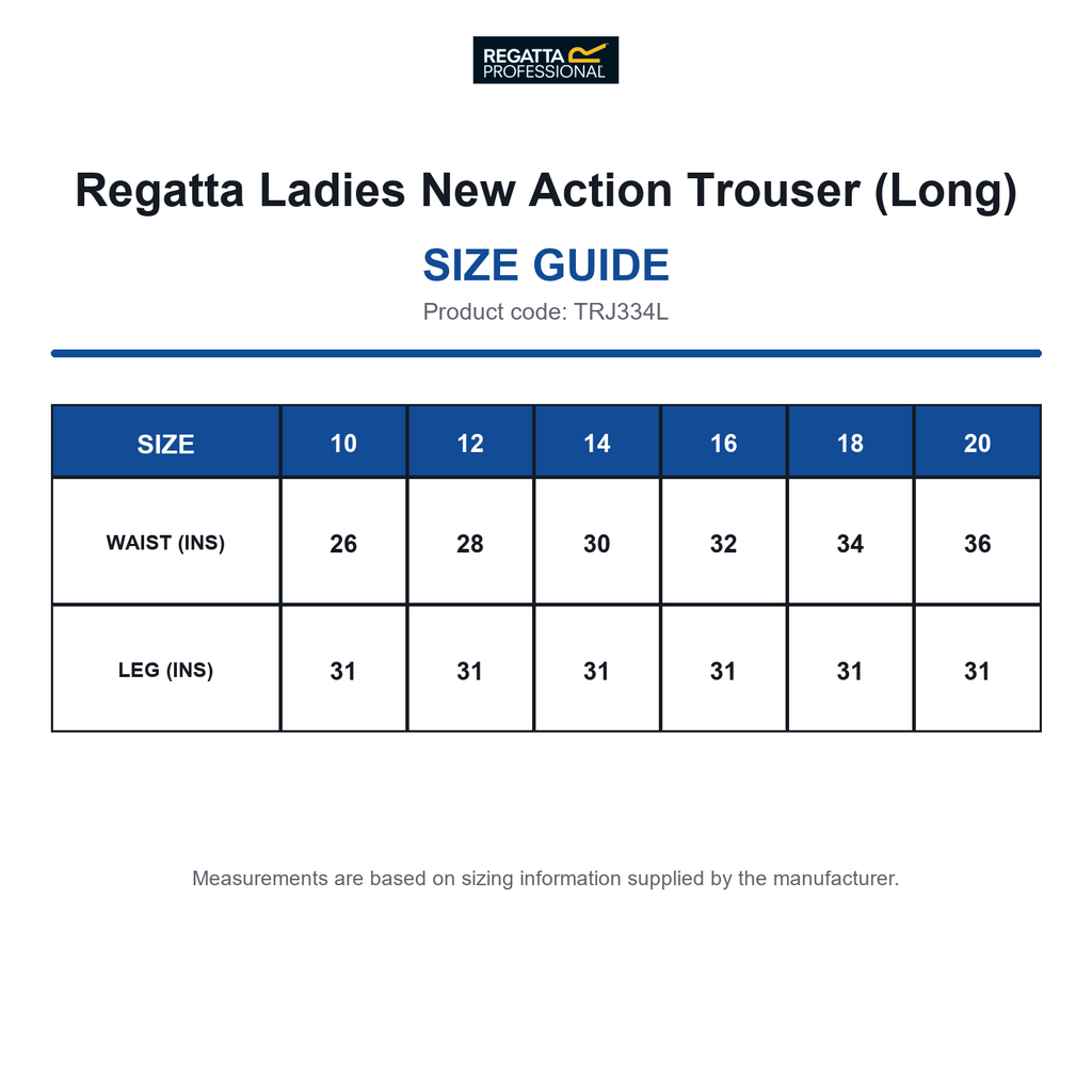 TRJ334L Regatta Ladies New Action Trouser (Long) size guide (TRJ334L)