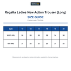 TRJ334L Regatta Ladies New Action Trouser (Long) size guide (TRJ334L)