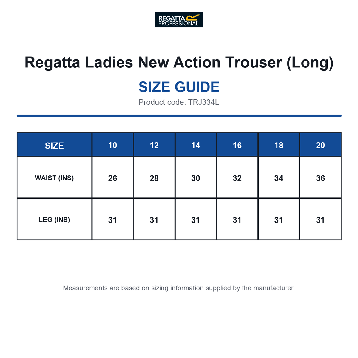 TRJ334L Regatta Ladies New Action Trouser (Long) size guide (TRJ334L)