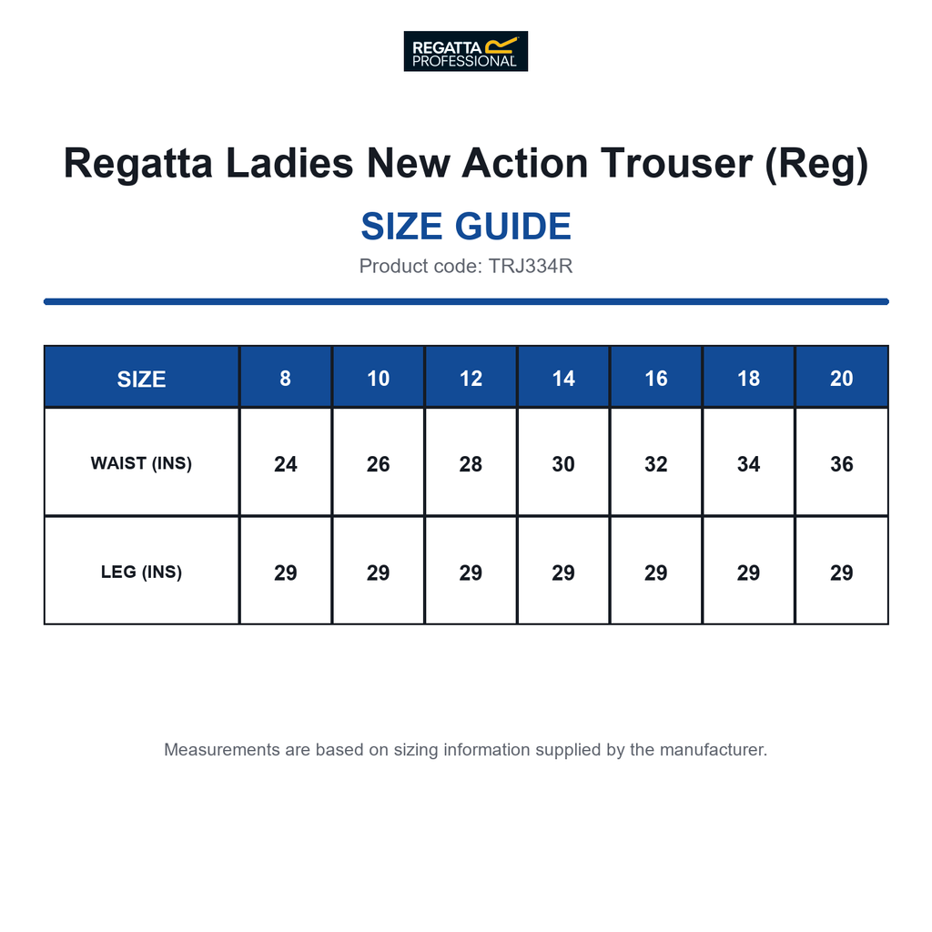 TRJ334R Regatta Ladies New Action Trouser (Reg) size guide (TRJ334R)