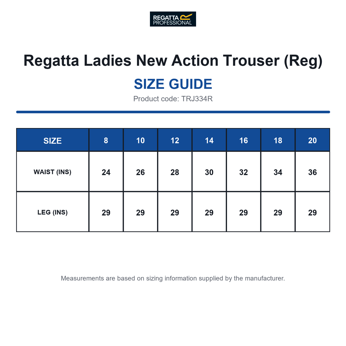 TRJ334R Regatta Ladies New Action Trouser (Reg) size guide (TRJ334R)