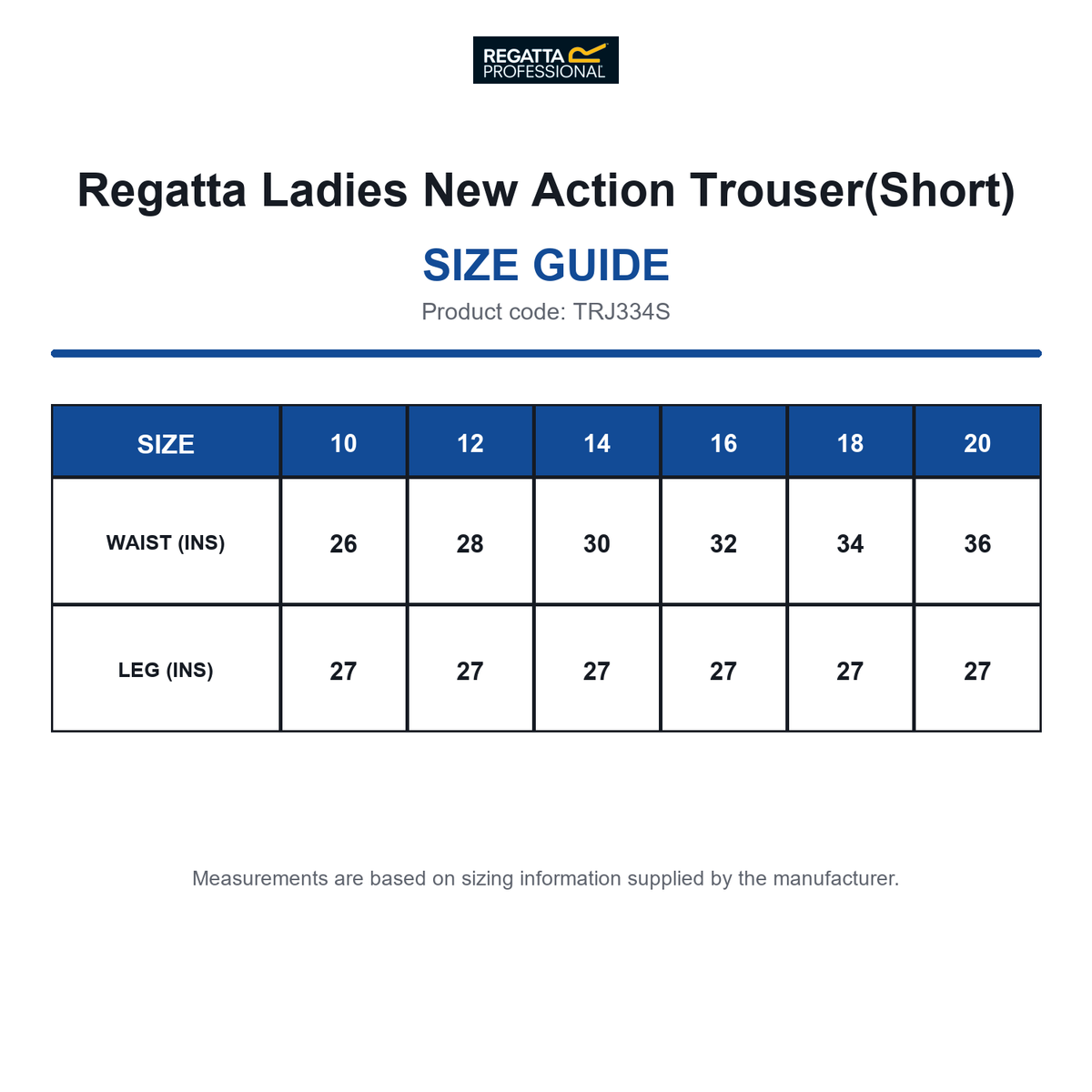TRJ334S Regatta Ladies New Action Trouser(Short) size guide (TRJ334S)