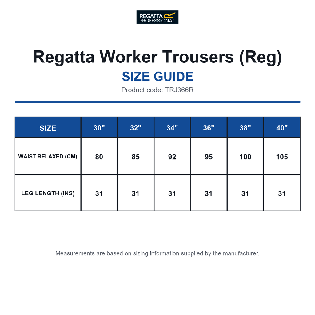 TRJ366R Regatta Worker Trousers (Reg) size guide (TRJ366R)