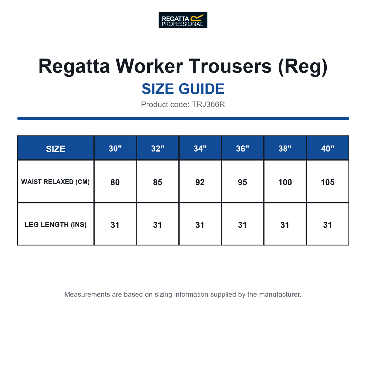 TRJ366R Regatta Worker Trousers (Reg) size guide (TRJ366R)