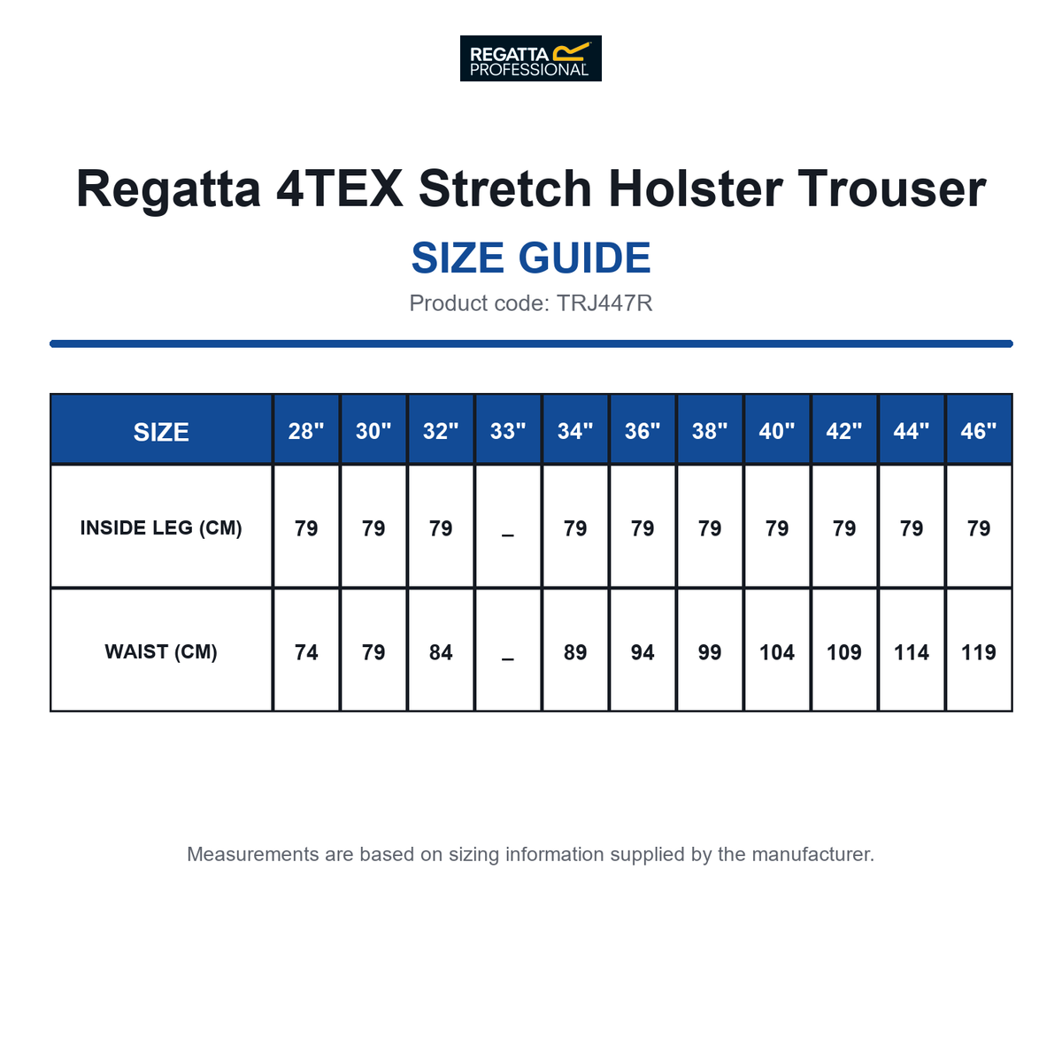 TRJ447R Regatta 4TEX Stretch Holster Trouser size guide (TRJ447R)
