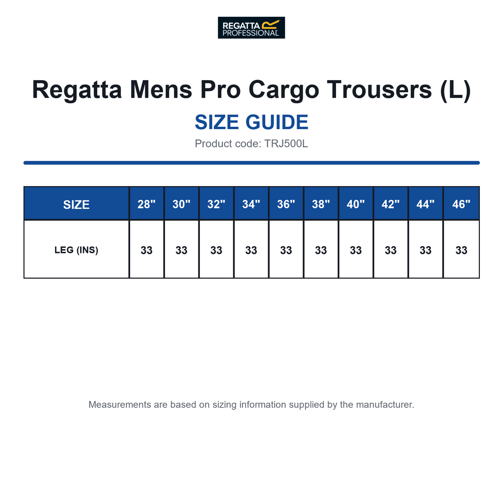 TRJ500L Regatta Mens Pro Cargo Trousers (L) size guide (TRJ500L)
