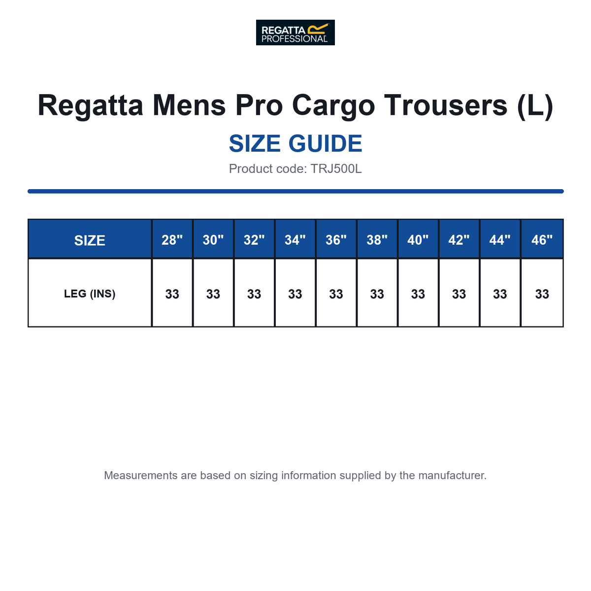 TRJ500L Regatta Mens Pro Cargo Trousers (L) size guide (TRJ500L)