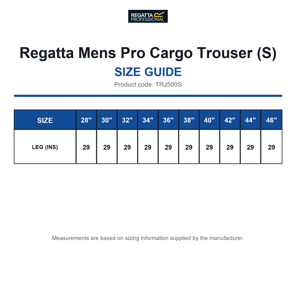 TRJ500S Regatta Mens Pro Cargo Trouser (S) size guide (TRJ500S)