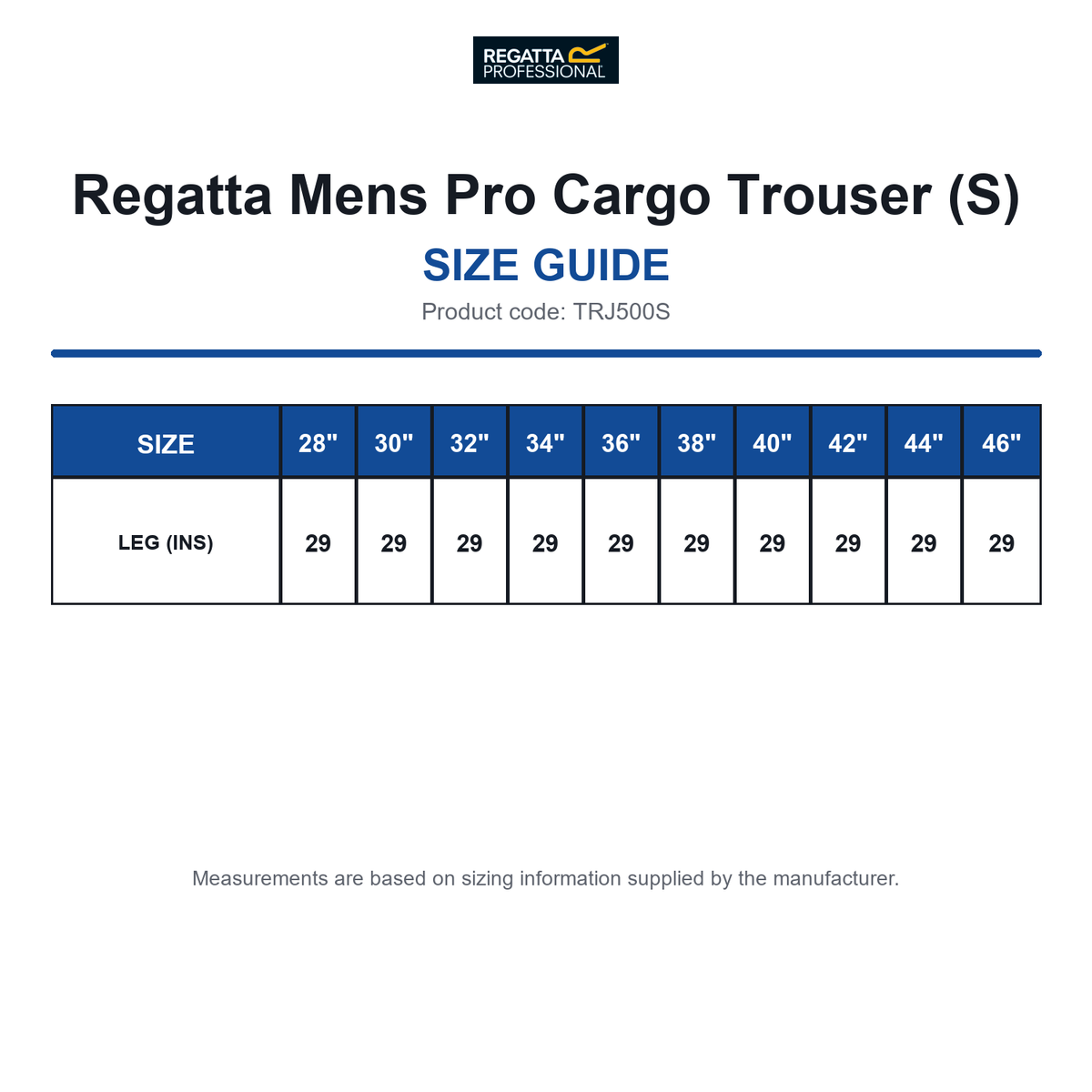 TRJ500S Regatta Mens Pro Cargo Trouser (S) size guide (TRJ500S)
