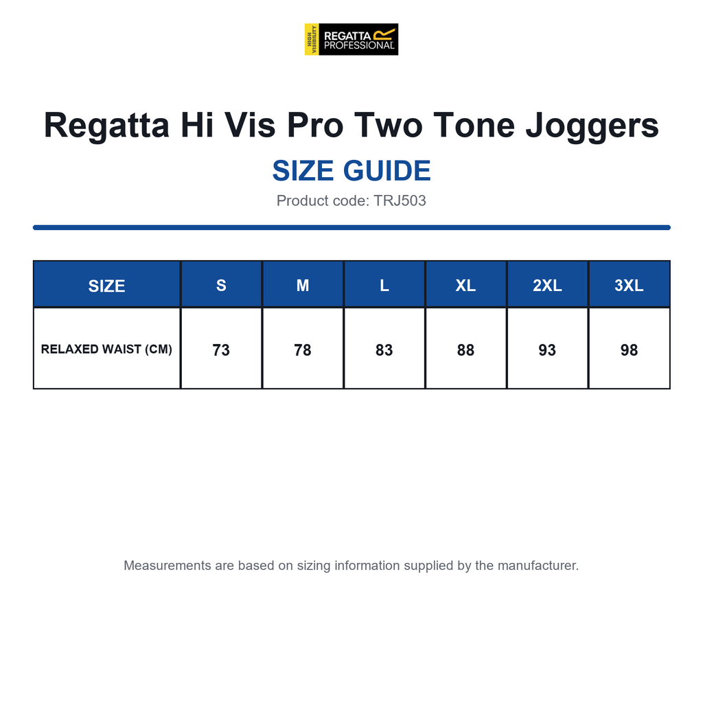 TRJ503 Regatta Hi Vis Pro Two Tone Joggers size guide (TRJ503)