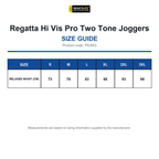 TRJ503 Regatta Hi Vis Pro Two Tone Joggers size guide (TRJ503)