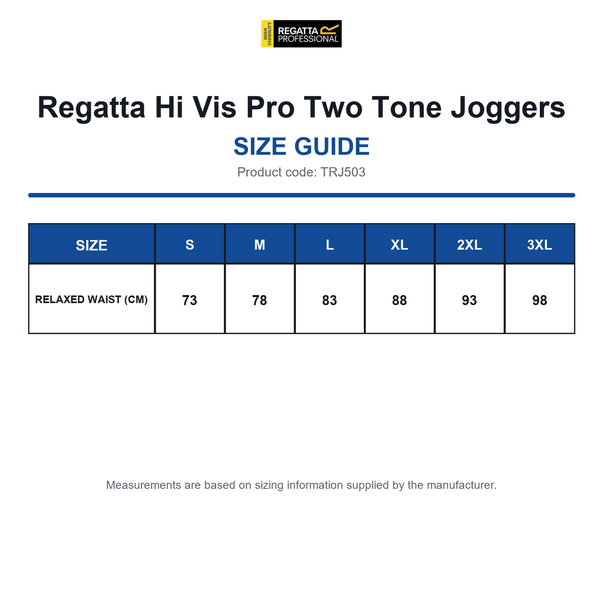 TRJ503 Regatta Hi Vis Pro Two Tone Joggers size guide (TRJ503)