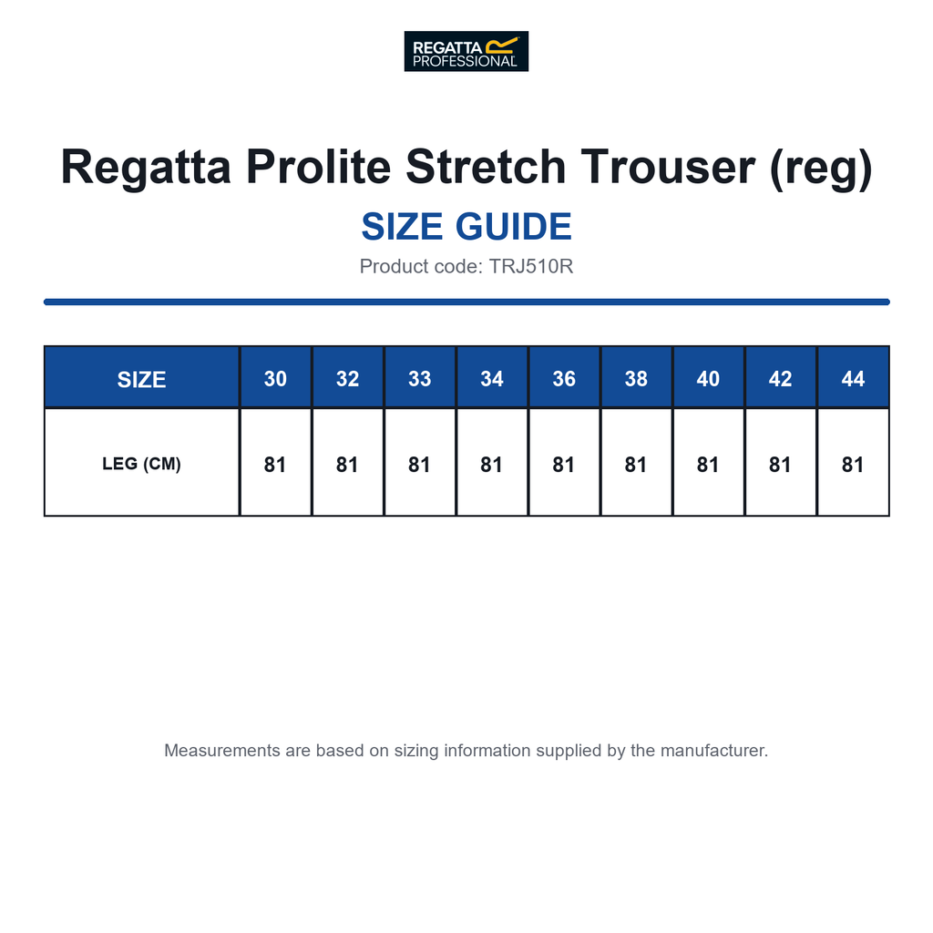 TRJ510R Regatta Prolite Stretch Trouser (reg) size guide (TRJ510R)