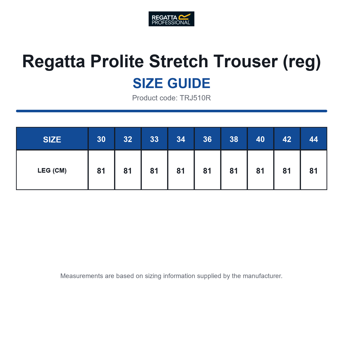 TRJ510R Regatta Prolite Stretch Trouser (reg) size guide (TRJ510R)