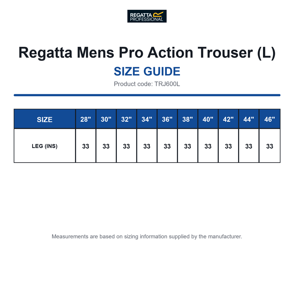 TRJ600L Regatta Mens Pro Action Trouser (L) size guide (TRJ600L)