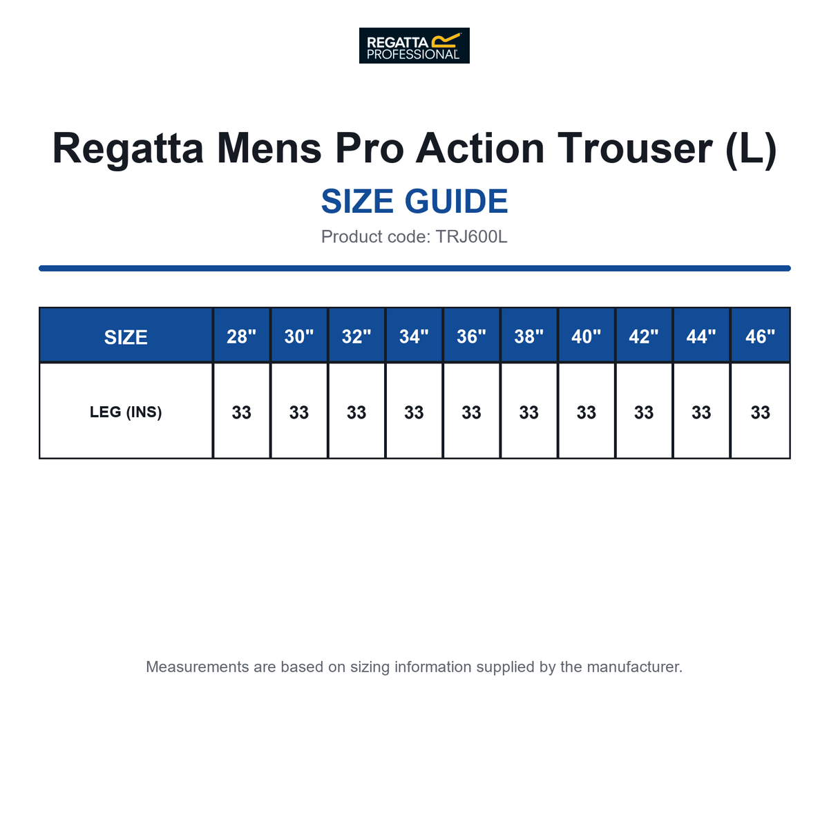 TRJ600L Regatta Mens Pro Action Trouser (L) size guide (TRJ600L)