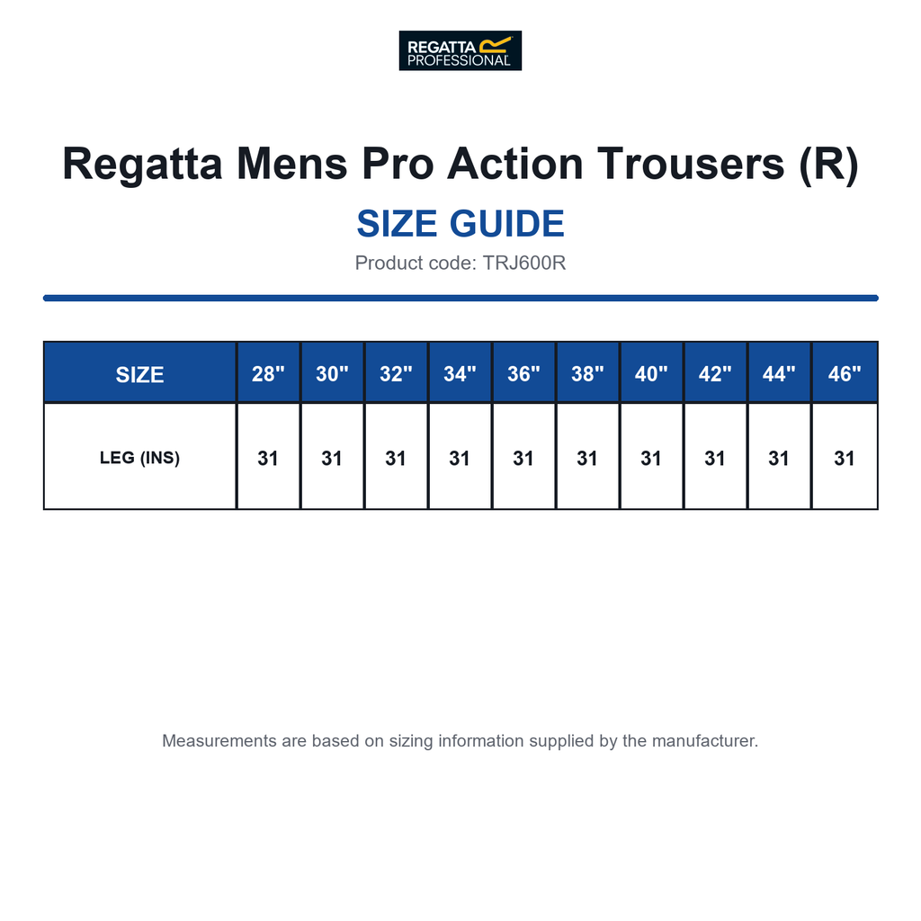 TRJ600R Regatta Mens Pro Action Trousers (R) size guide (TRJ600R)