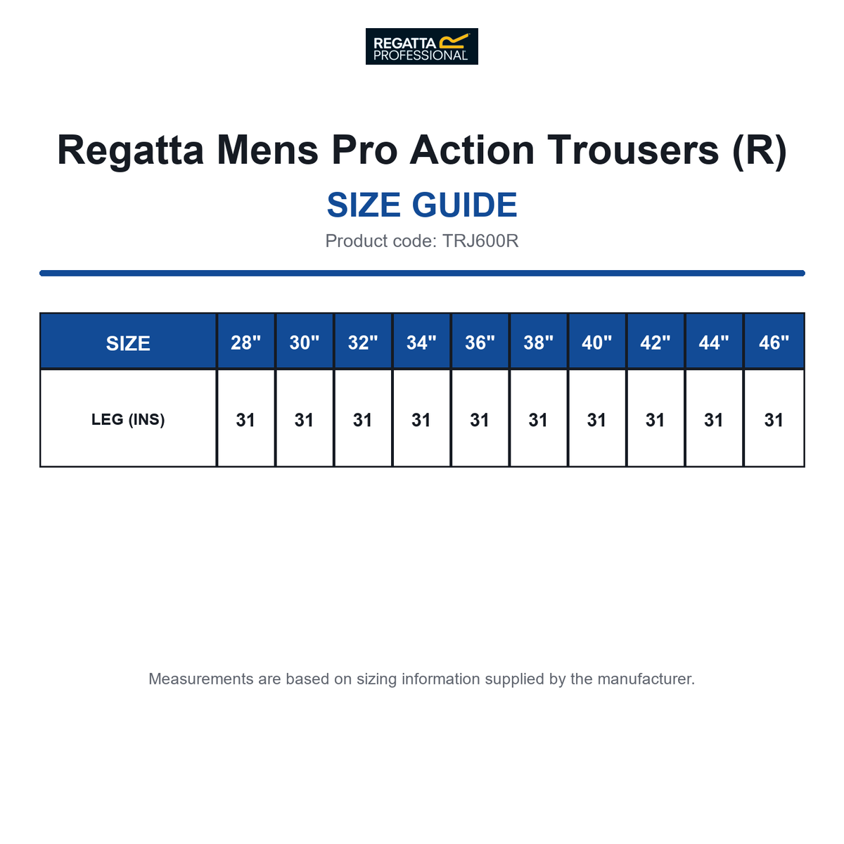 TRJ600R Regatta Mens Pro Action Trousers (R) size guide (TRJ600R)