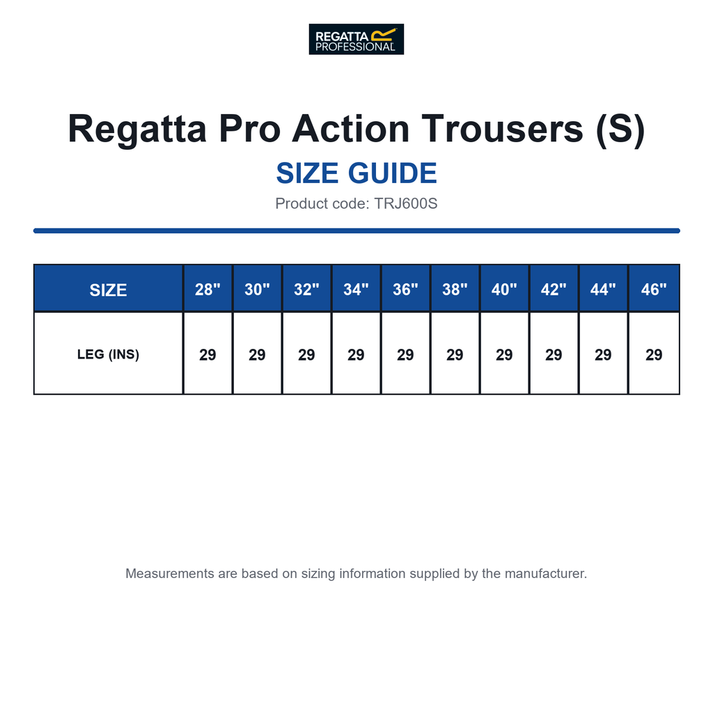 TRJ600S Regatta Pro Action Trousers (S) size guide (TRJ600S)