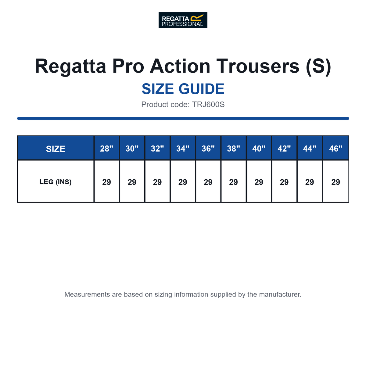 TRJ600S Regatta Pro Action Trousers (S) size guide (TRJ600S)