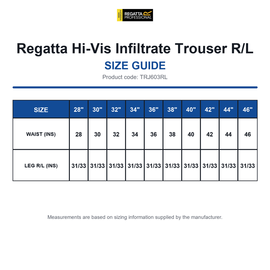 TRJ603RL Regatta Hi-Vis Infiltrate Trouser R/L size guide (TRJ603RL)