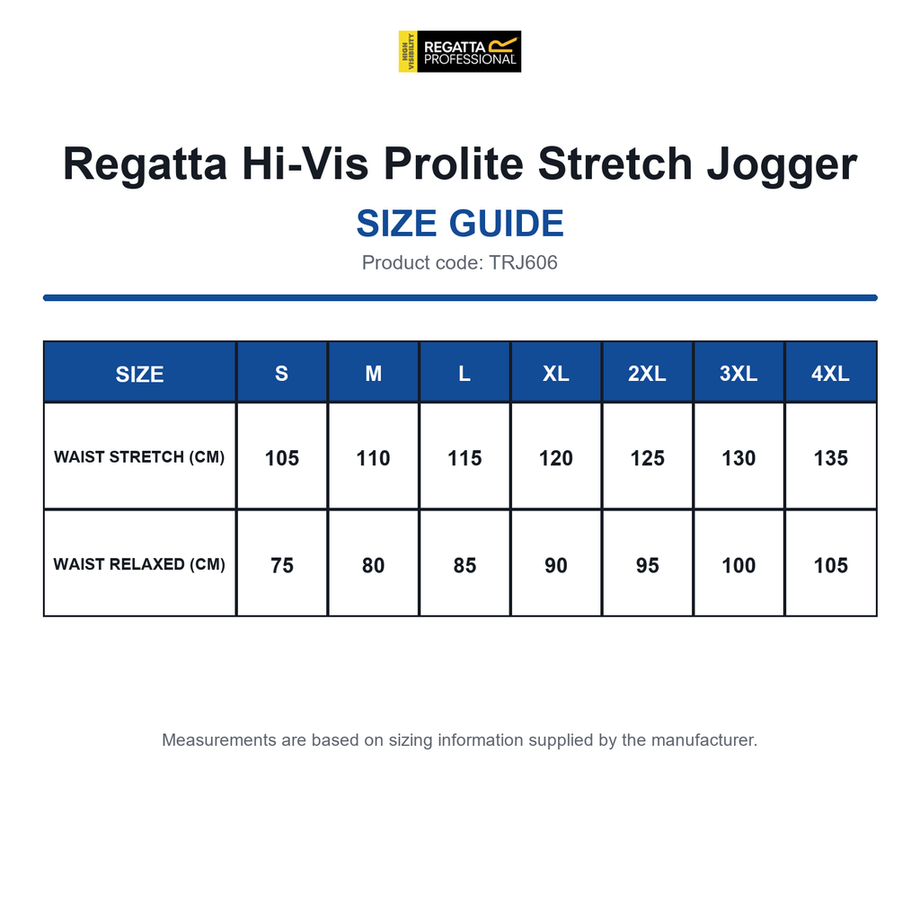 TRJ606 Regatta Hi-Vis Prolite Stretch Jogger size guide (TRJ606)