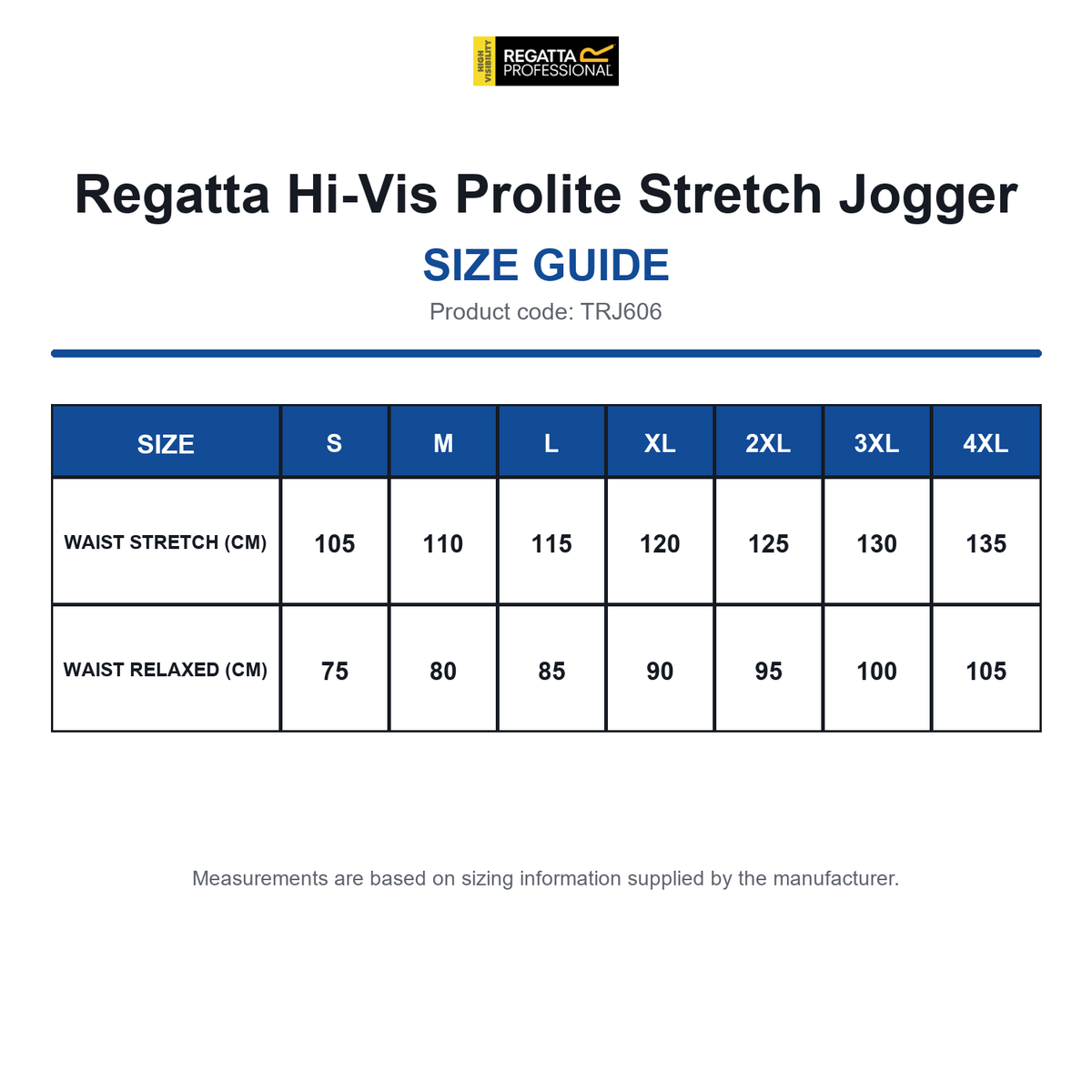 TRJ606 Regatta Hi-Vis Prolite Stretch Jogger size guide (TRJ606)