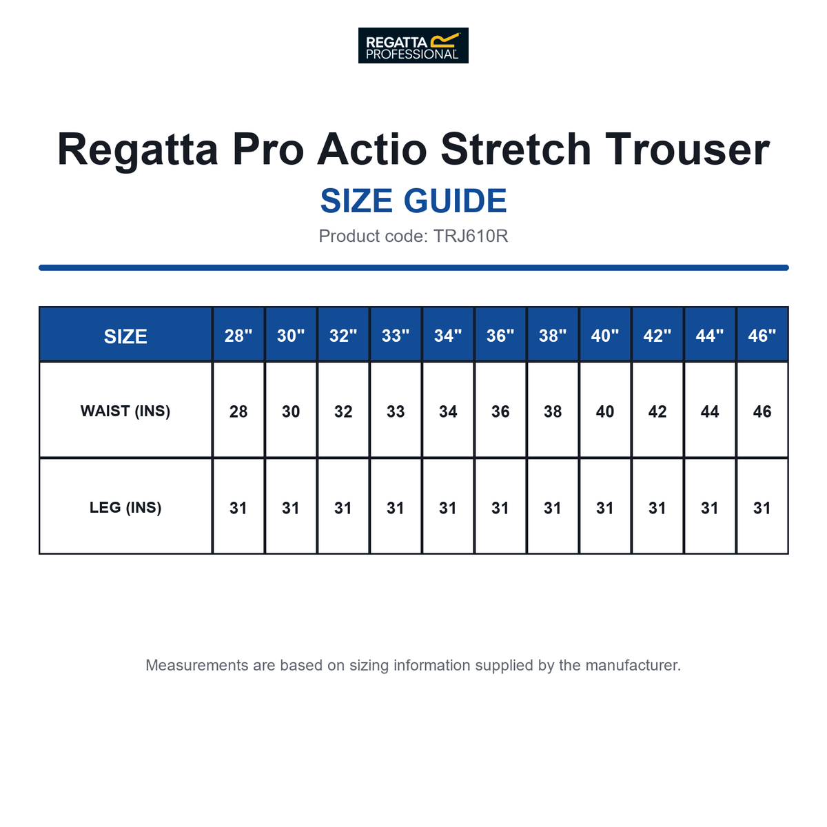 TRJ610R Regatta Pro Actio Stretch Trouser size guide (TRJ610R)