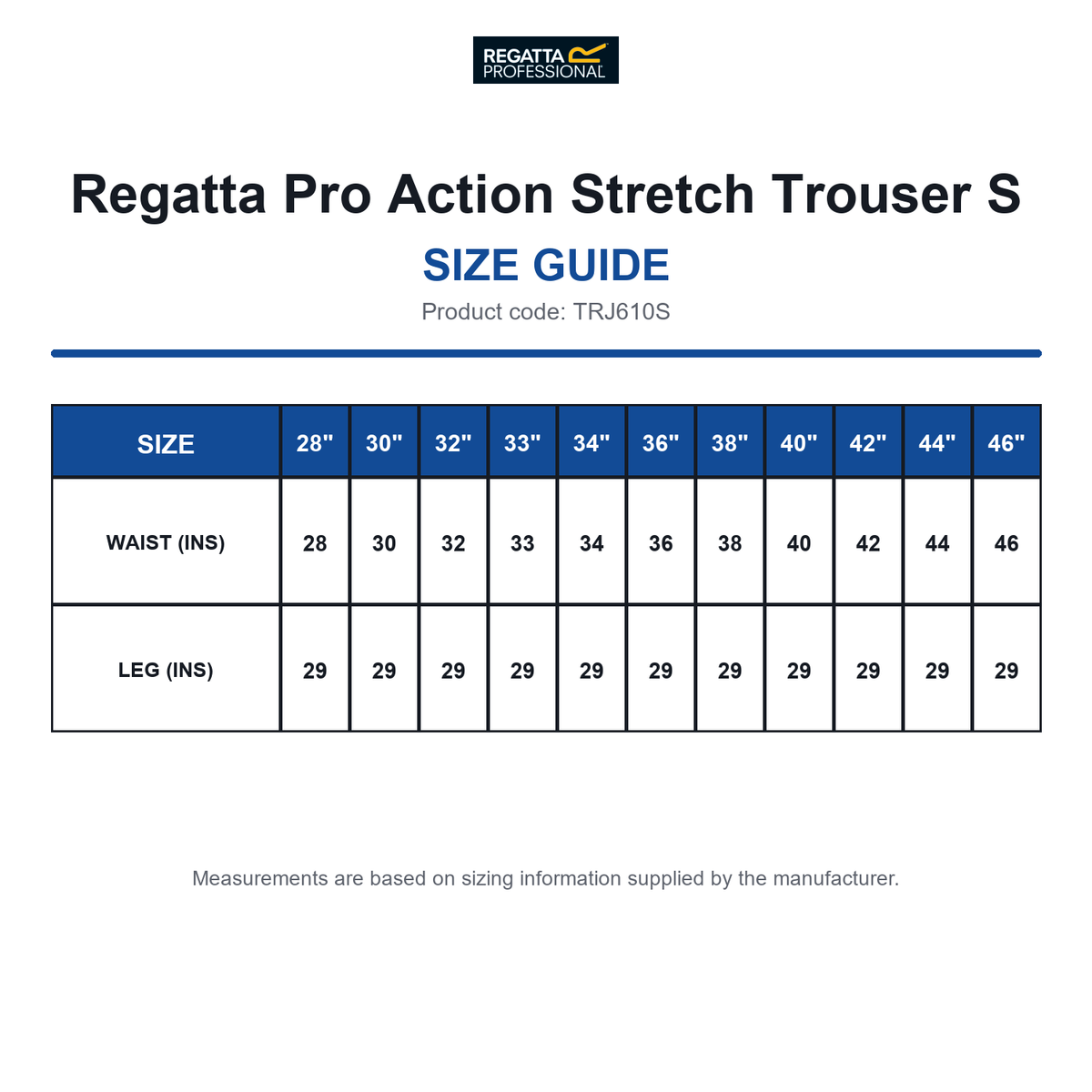 TRJ610S Regatta Pro Action Stretch Trouser S size guide (TRJ610S)