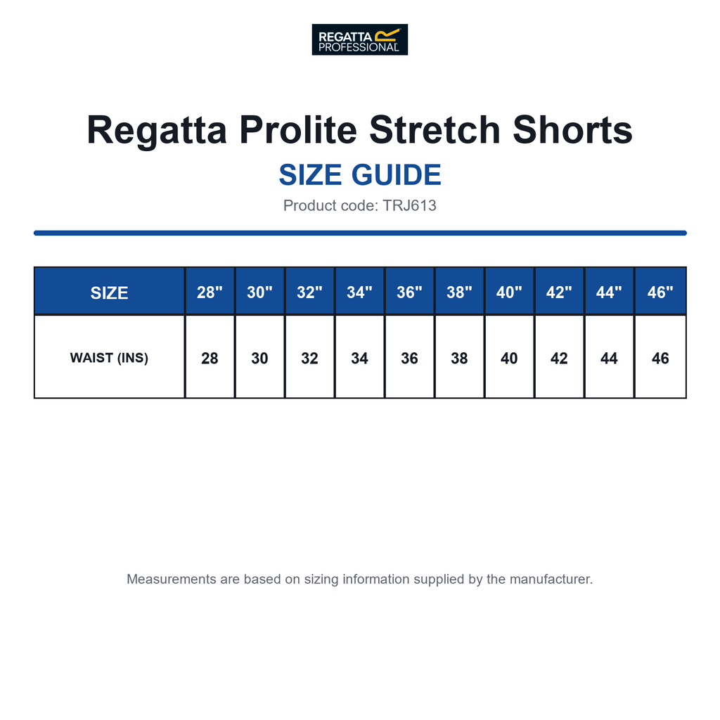 TRJ613 Regatta Prolite Stretch Shorts size guide (TRJ613)