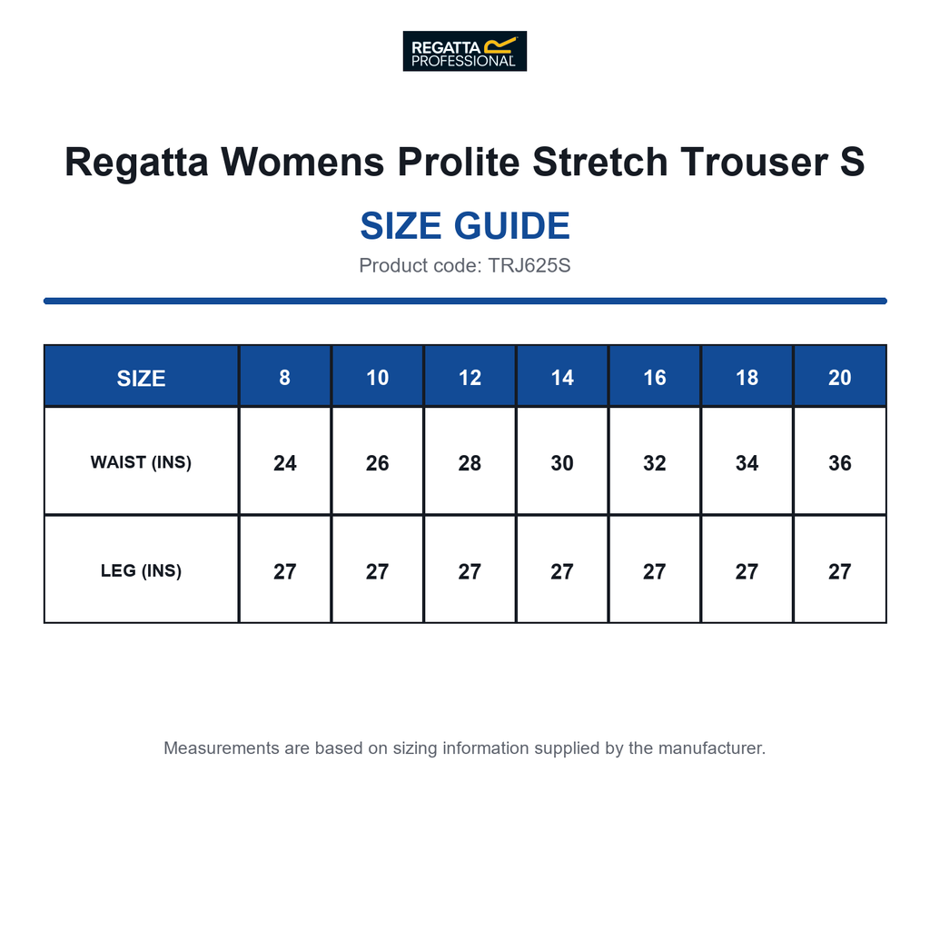 TRJ625S Regatta Womens Prolite Stretch Trouser S size guide (TRJ625S)