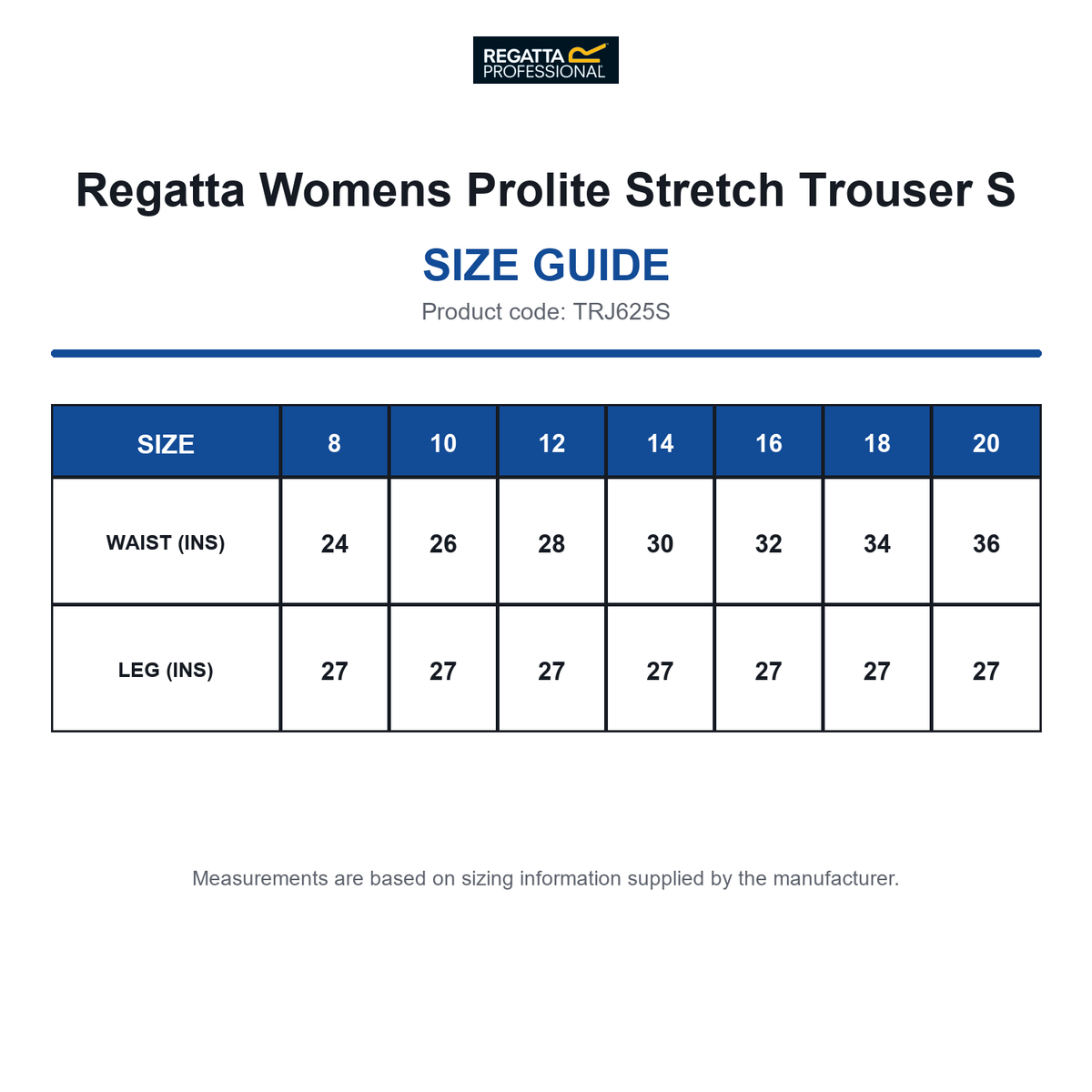 TRJ625S Regatta Womens Prolite Stretch Trouser S size guide (TRJ625S)