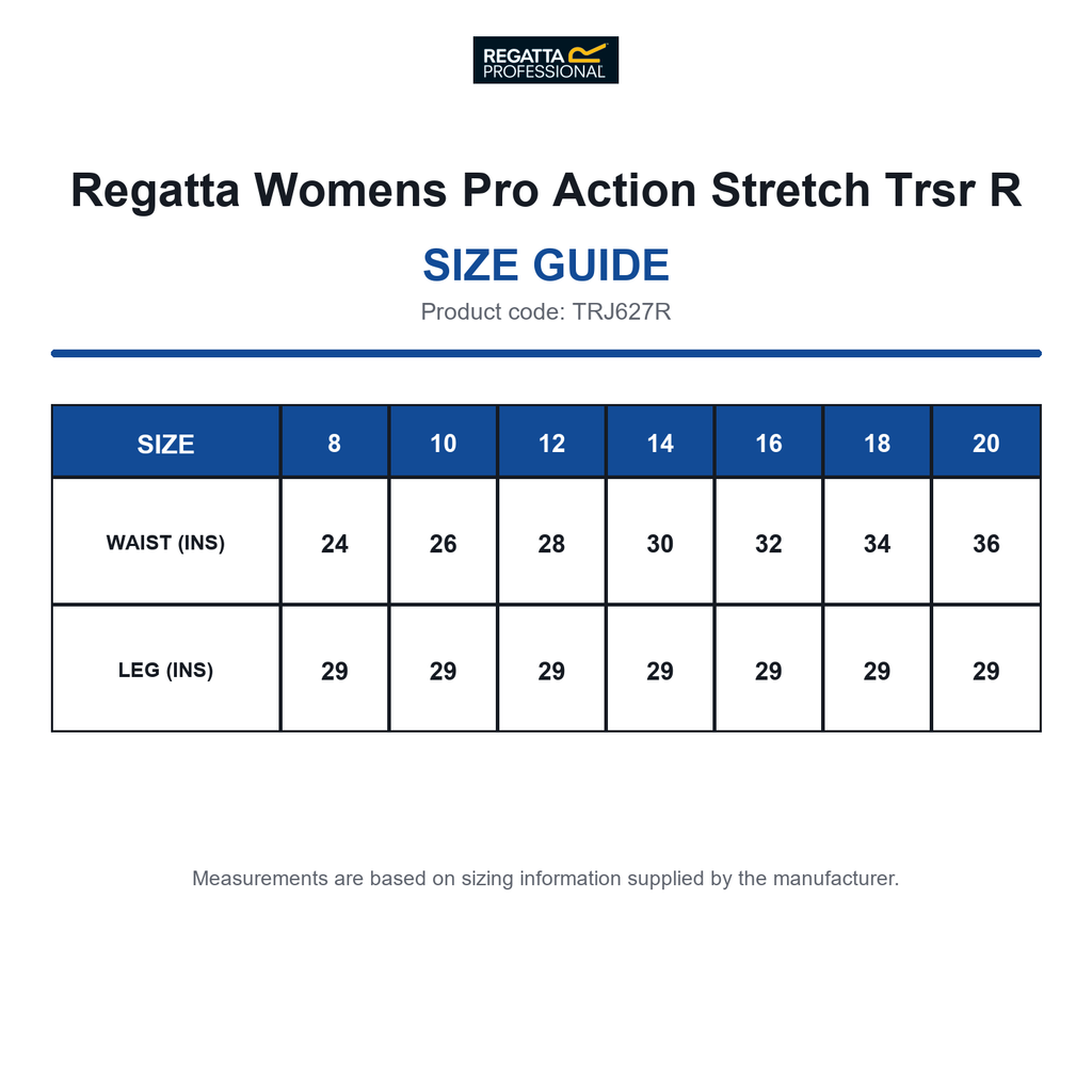 TRJ627R Regatta Womens Pro Action Stretch Trsr R size guide (TRJ627R)