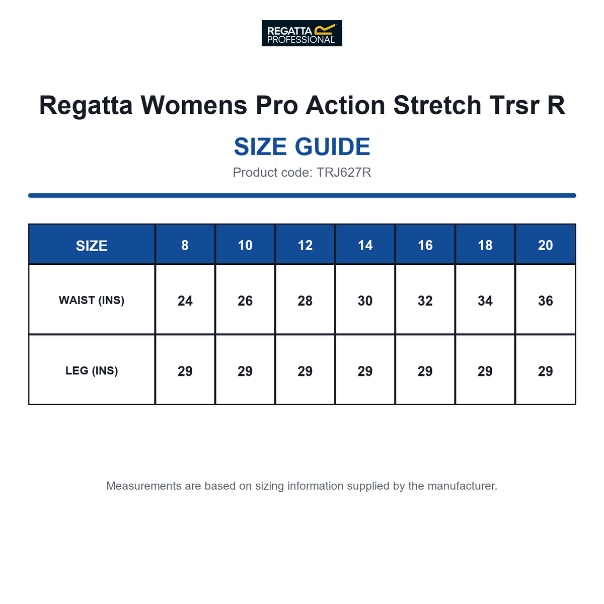 TRJ627R Regatta Womens Pro Action Stretch Trsr R size guide (TRJ627R)