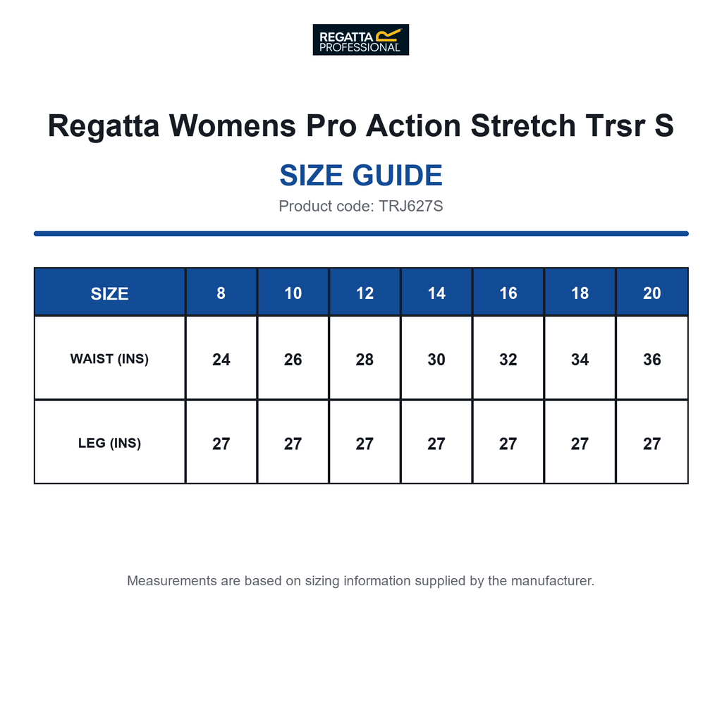 TRJ627S Regatta Womens Pro Action Stretch Trsr S size guide (TRJ627S)