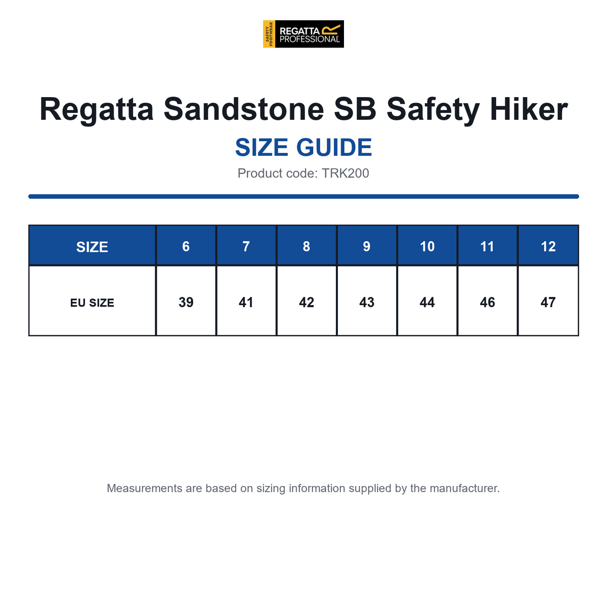 TRK200 Regatta Sandstone SB Safety Hiker size guide (TRK200)